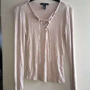 Ribbed Long Sleeve Lace Up Top